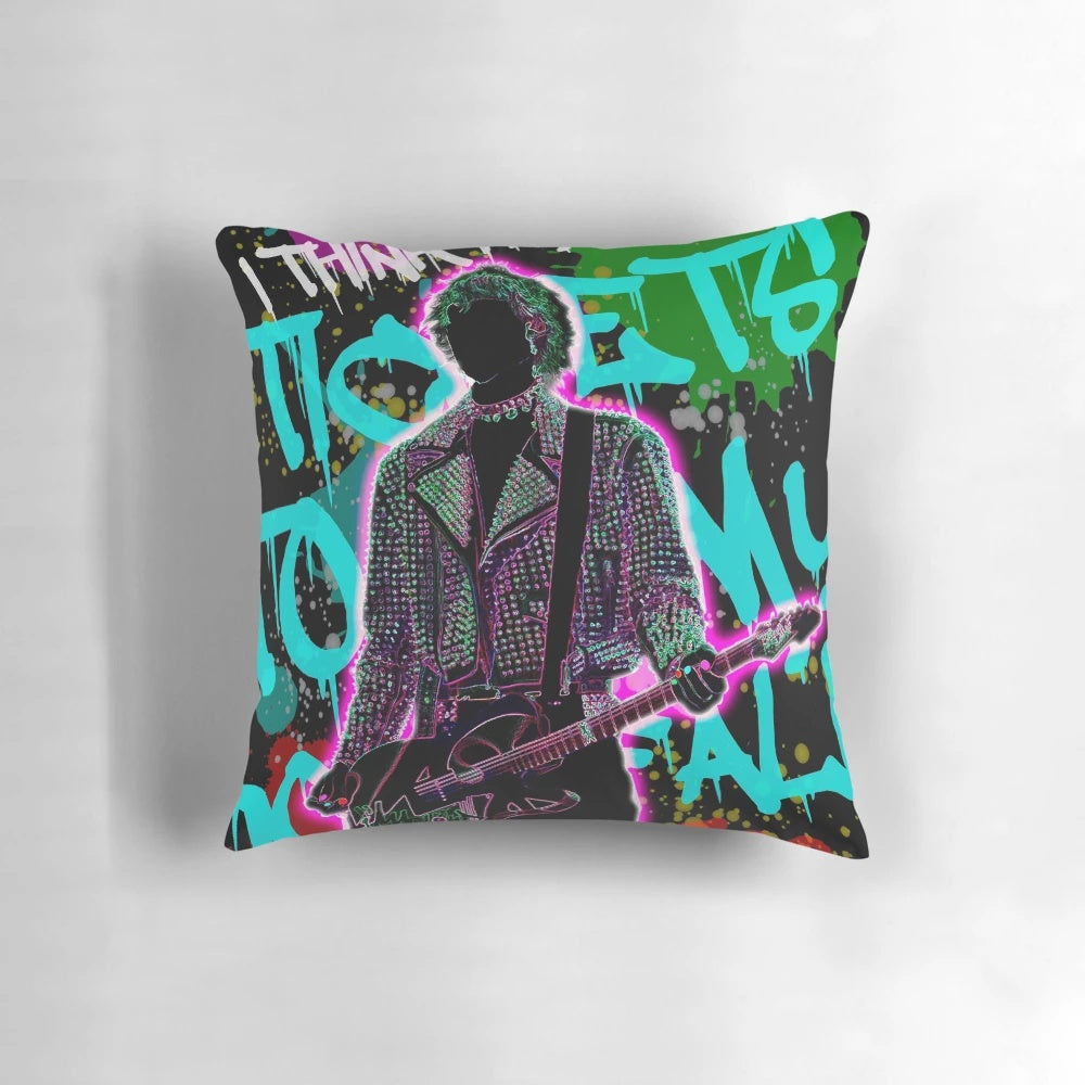 Colorful illustration of music artist Machine Gun Kelly on a plush pillow
