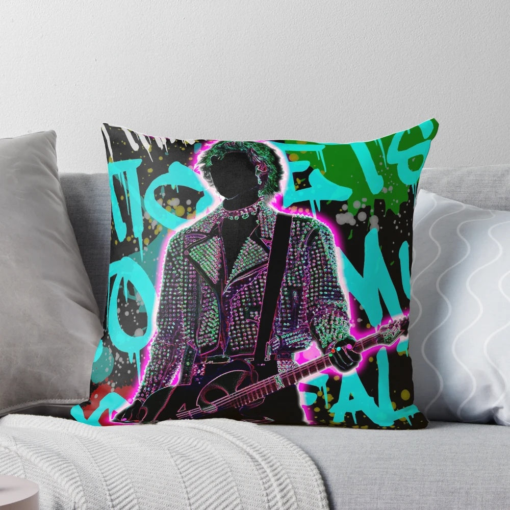 Colorful illustration of music artist Machine Gun Kelly on a plush pillow