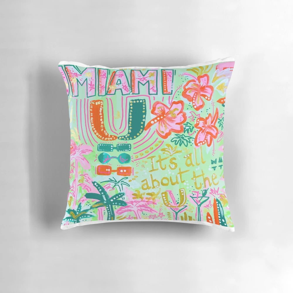 Colorful collage pillow featuring the University of Miami Hurricanes logo and imagery