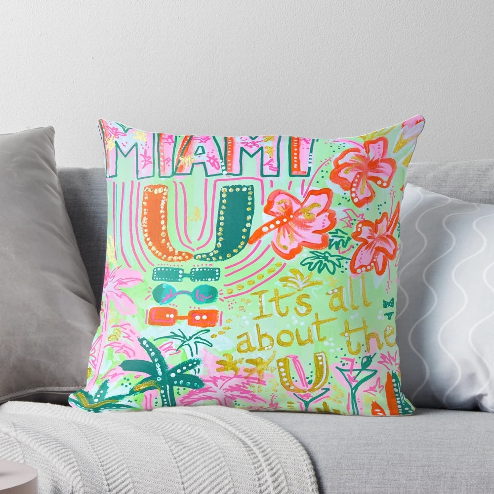 Colorful collage pillow featuring the University of Miami Hurricanes logo and imagery