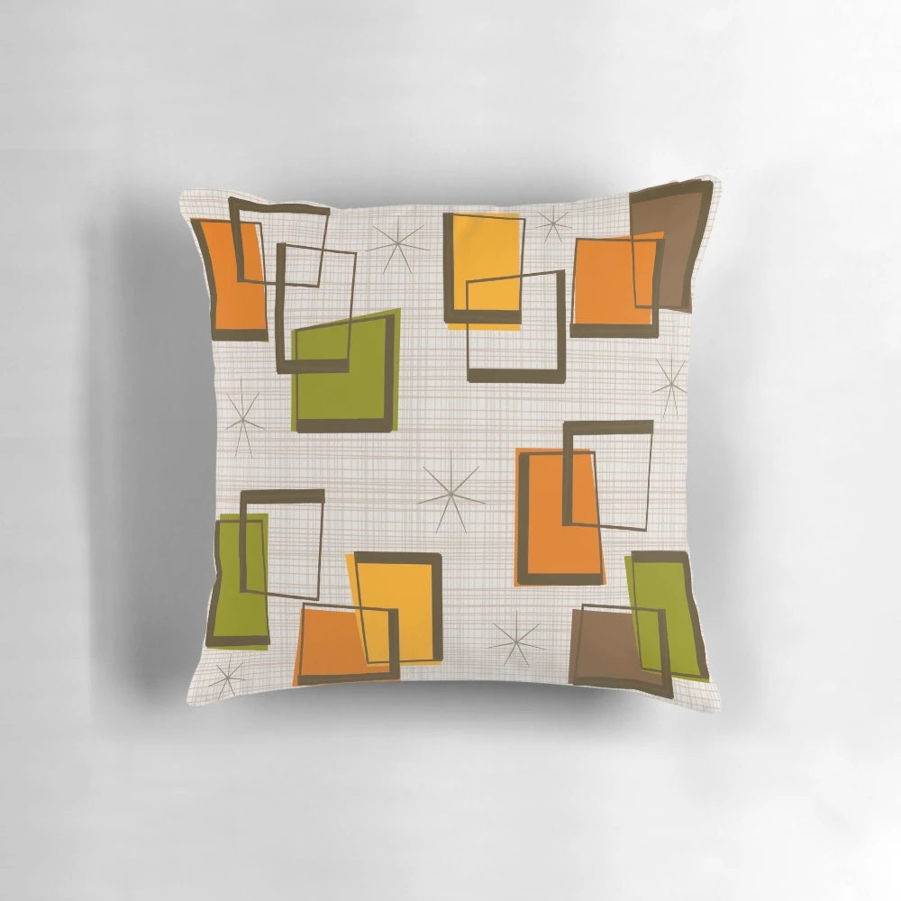 Rectangular abstract art pillow with colorful mid-century modern inspired design by Ohio artist Gail Gabel
