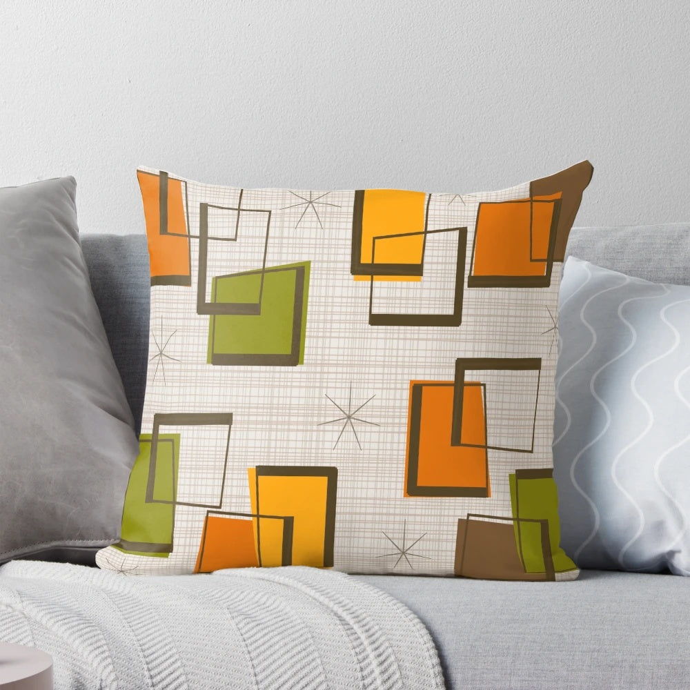 Rectangular abstract art pillow with colorful mid-century modern inspired design by Ohio artist Gail Gabel