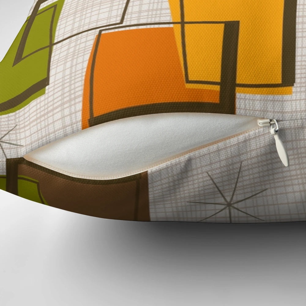 Rectangular abstract art pillow with colorful mid-century modern inspired design by Ohio artist Gail Gabel