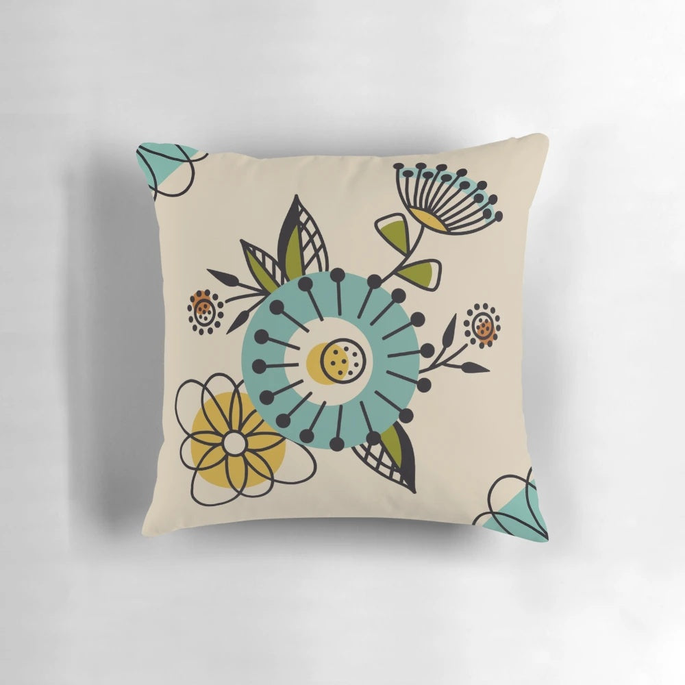 Mid century modern style throw pillow with blue and yellow flowers