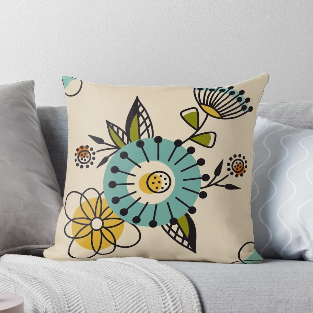 Mid century modern style throw pillow with blue and yellow flowers