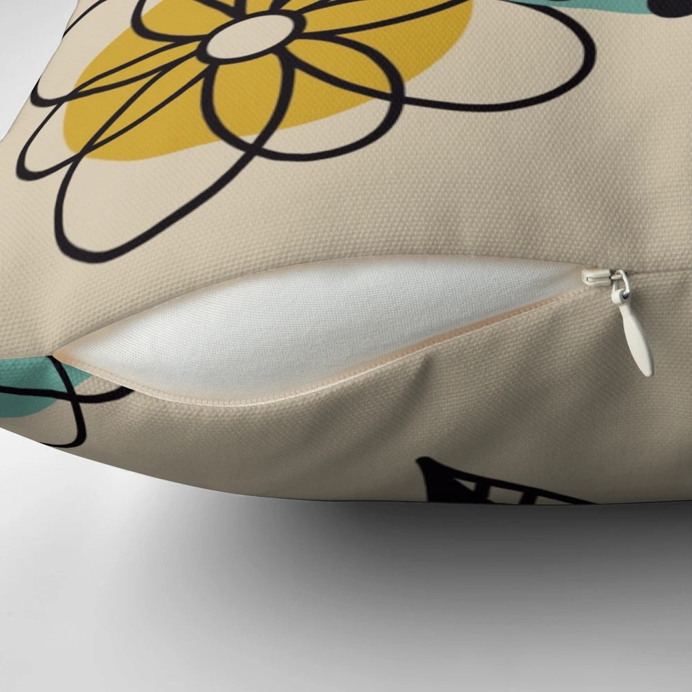 Mid century modern style throw pillow with blue and yellow flowers
