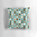 Mid century modern geometric square patterned throw pillow in earthy tones of brown, teal, turquoise, caramel, khaki, tan, and sky blue.