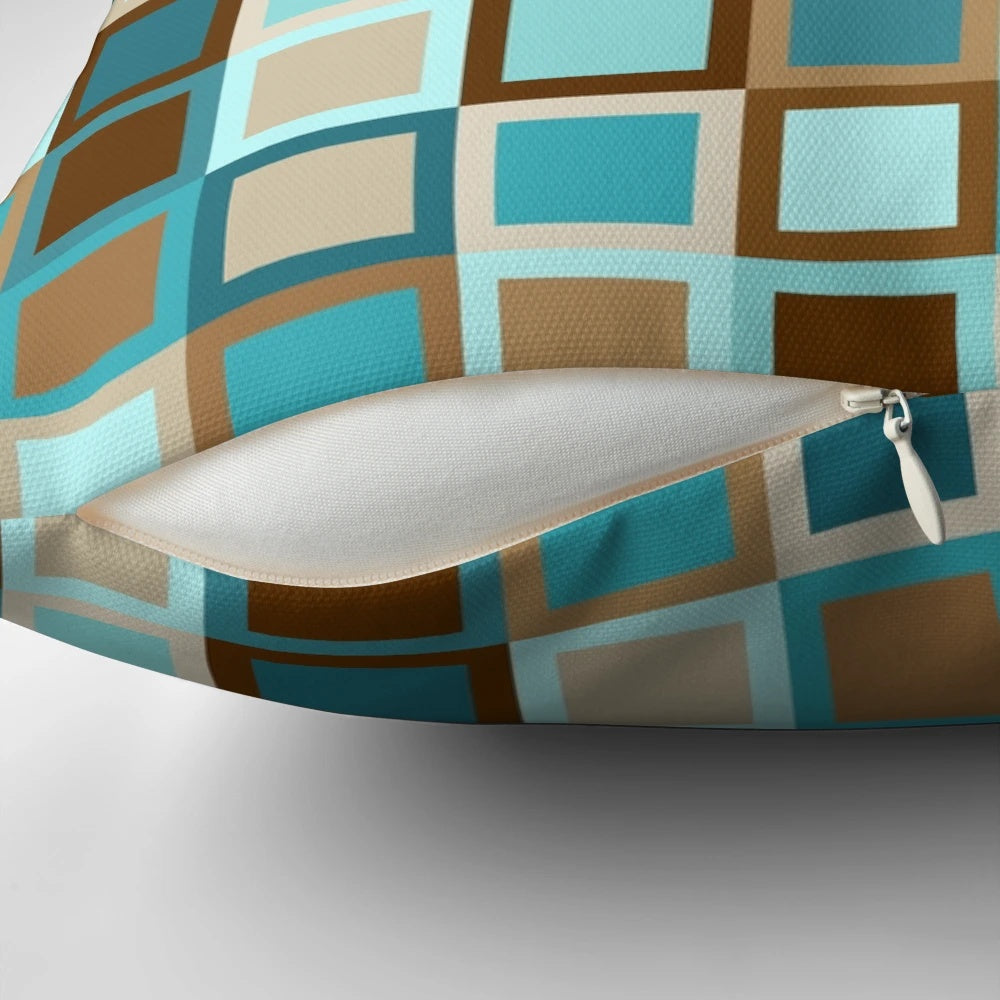 Mid century modern geometric square patterned throw pillow in earthy tones of brown, teal, turquoise, caramel, khaki, tan, and sky blue.