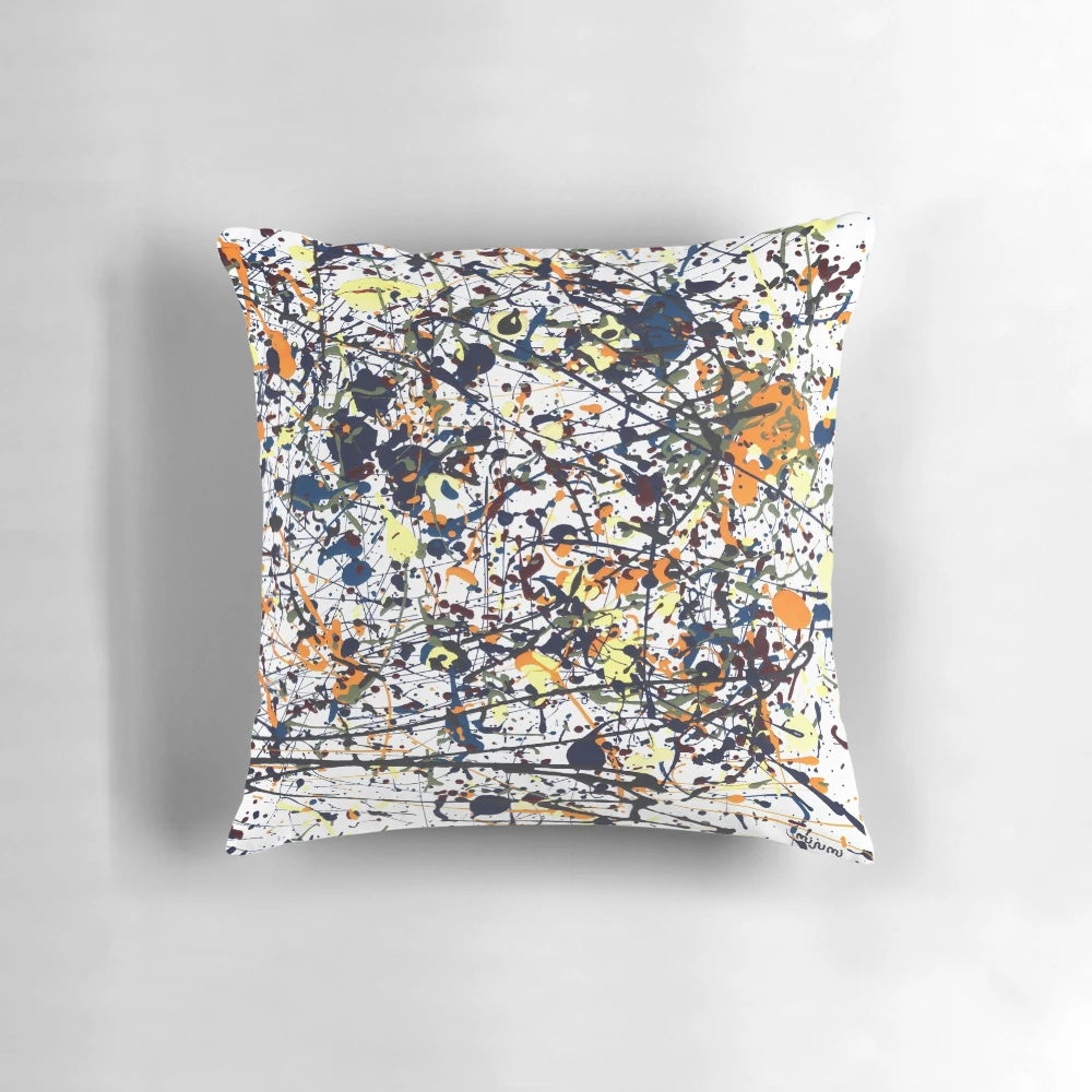 Colorful splatter art pillow inspired by the iconic paintings of Jackson Pollock