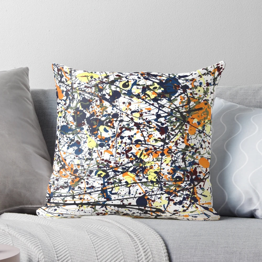 Colorful splatter art pillow inspired by the iconic paintings of Jackson Pollock