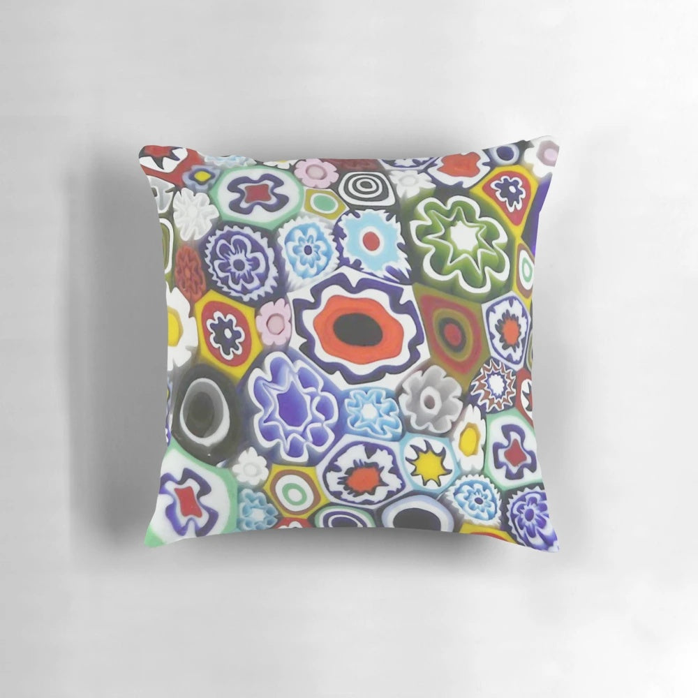 Millefiori Murano glass print decorative pillow with a colorful, nature-inspired design