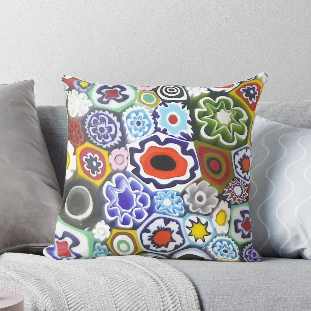 Millefiori Murano glass print decorative pillow with a colorful, nature-inspired design