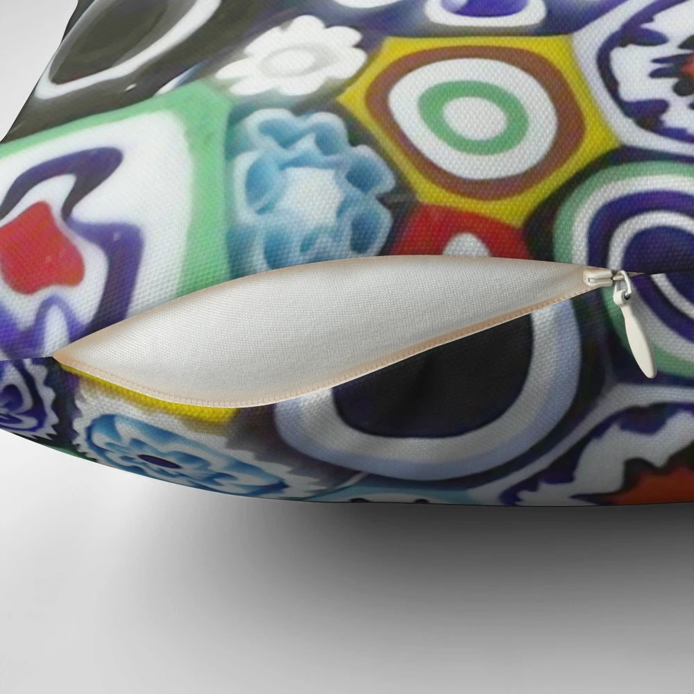 Millefiori Murano glass print decorative pillow with a colorful, nature-inspired design