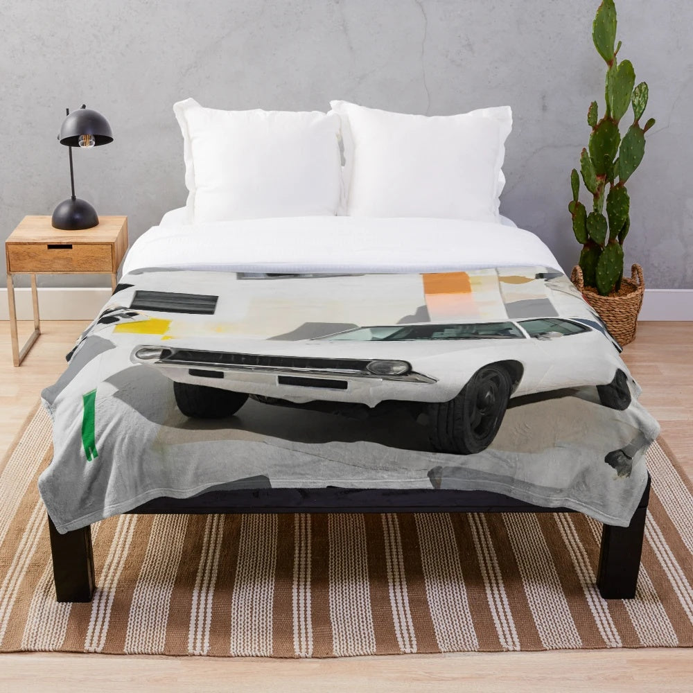 Plush blanket featuring a minimalist acrylic painting of a classic car