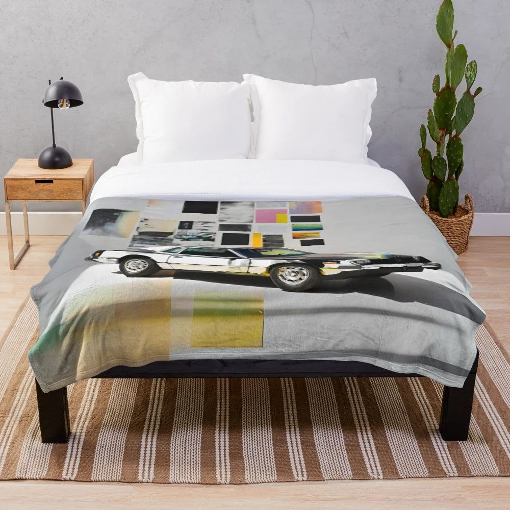 Plush blanket with minimalist oil painting style car artwork