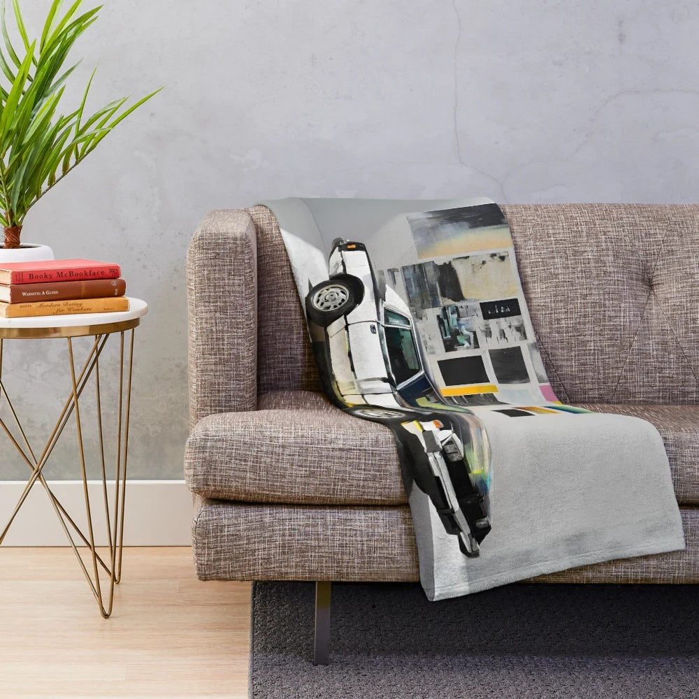 Plush blanket with minimalist oil painting style car artwork