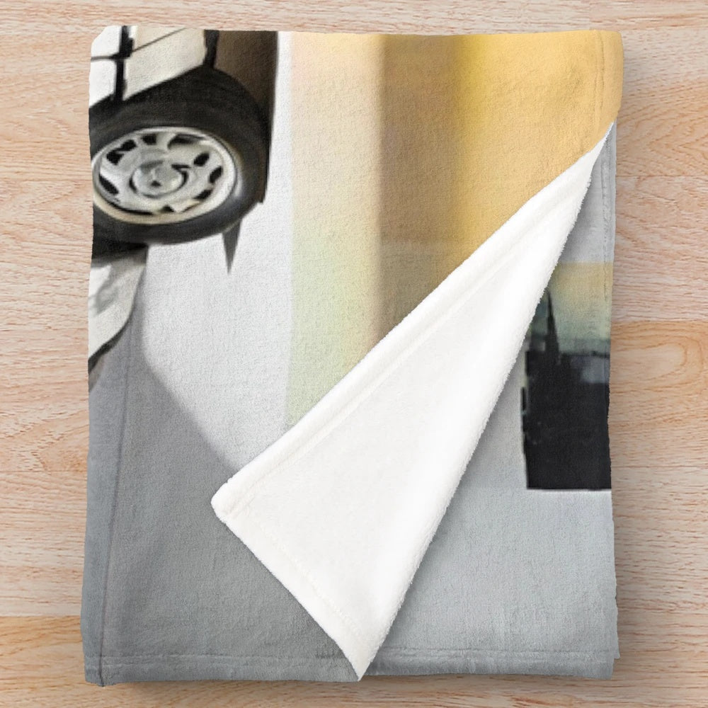 Plush blanket with minimalist oil painting style car artwork