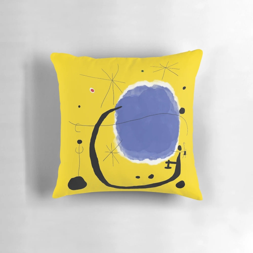 Colorful abstract geometric throw pillow design inspired by the artwork of famous surrealist artist Joan Miro