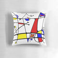 Colorful abstract art pillow with primary colors, inspired by the style of artist Joan Miro