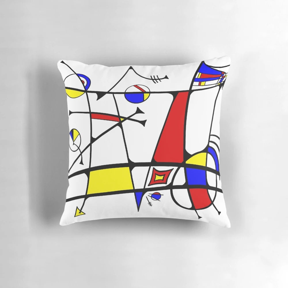 Colorful abstract art pillow with primary colors, inspired by the style of artist Joan Miro