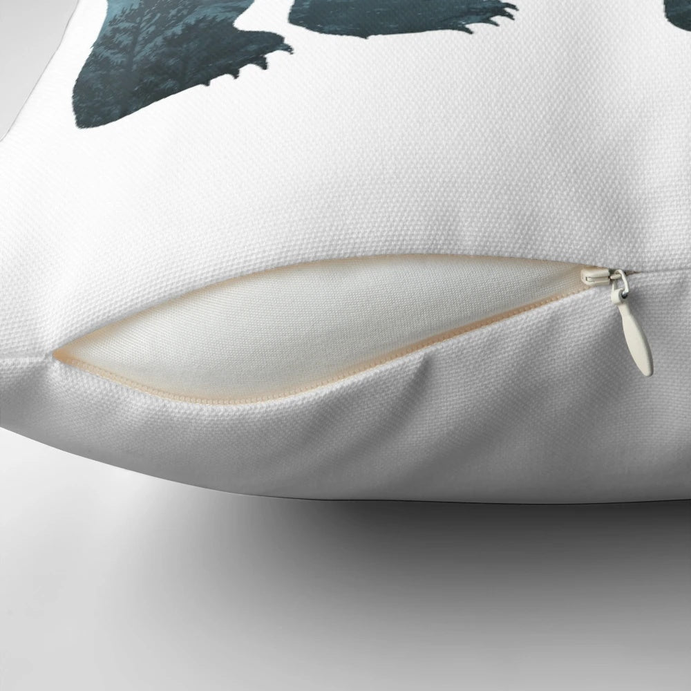 Turquoise watercolor bear pillow with abstract forest background