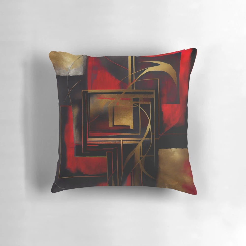 Vibrant modern abstract art canvas featuring a striking red, black, and gold color palette