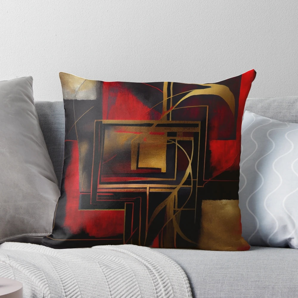 Vibrant modern abstract art canvas featuring a striking red, black, and gold color palette