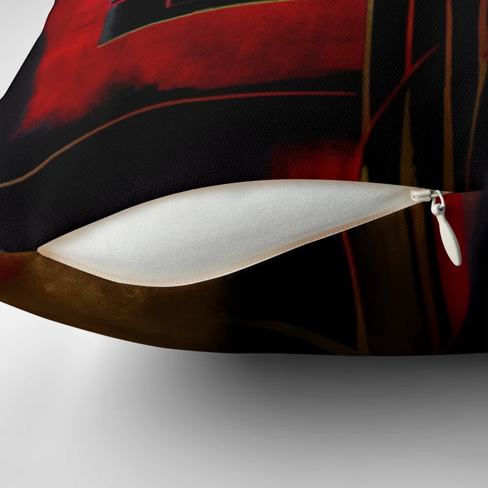 Vibrant modern abstract art canvas featuring a striking red, black, and gold color palette