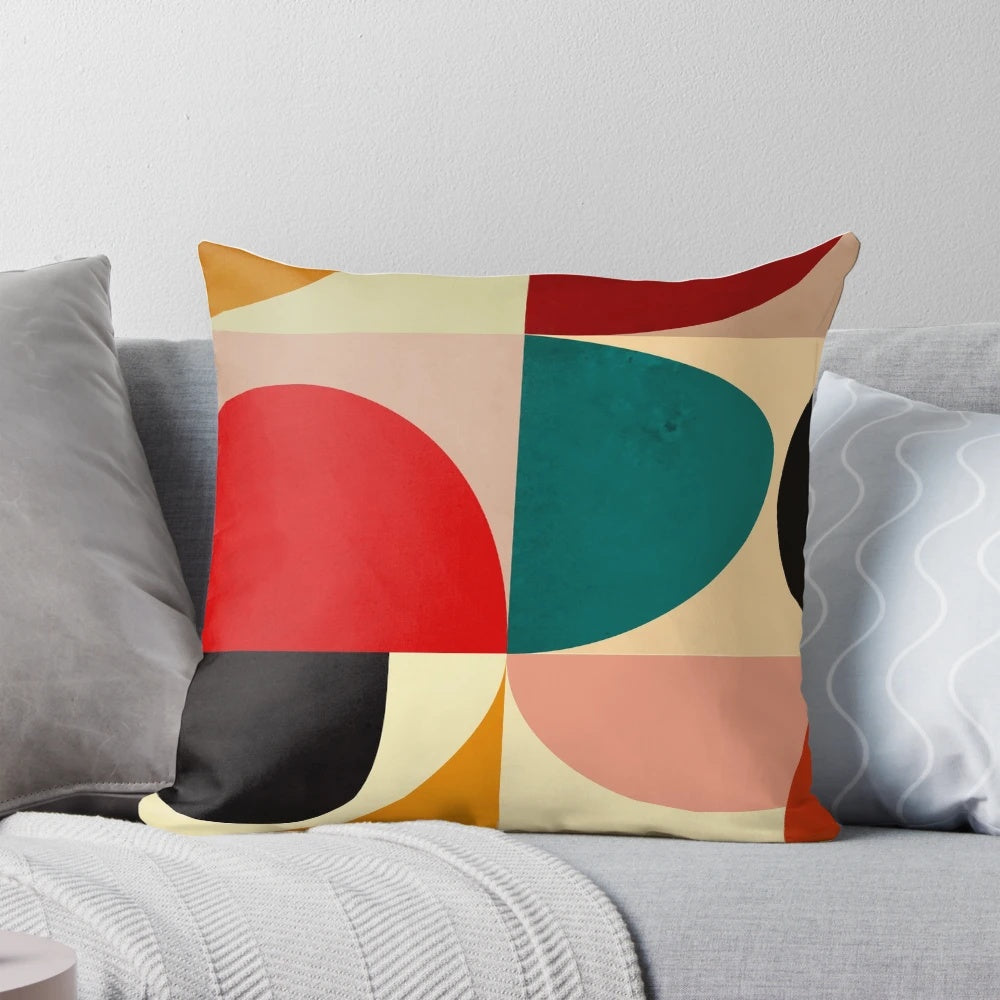 Colorful abstract geometric mid-century modern throw pillow with bold colors and shapes