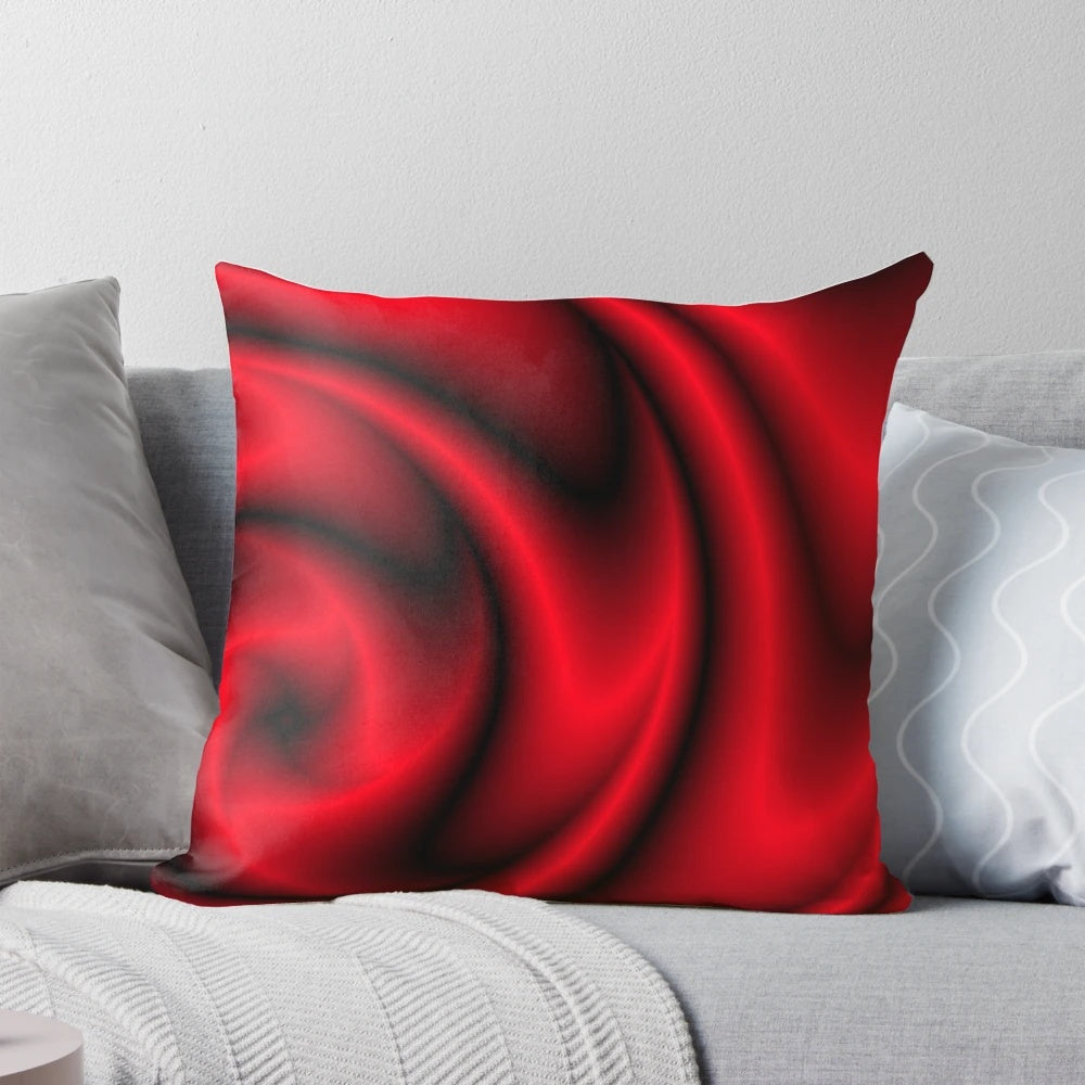 A decorative red, black, and white abstract swirl pattern throw pillow.