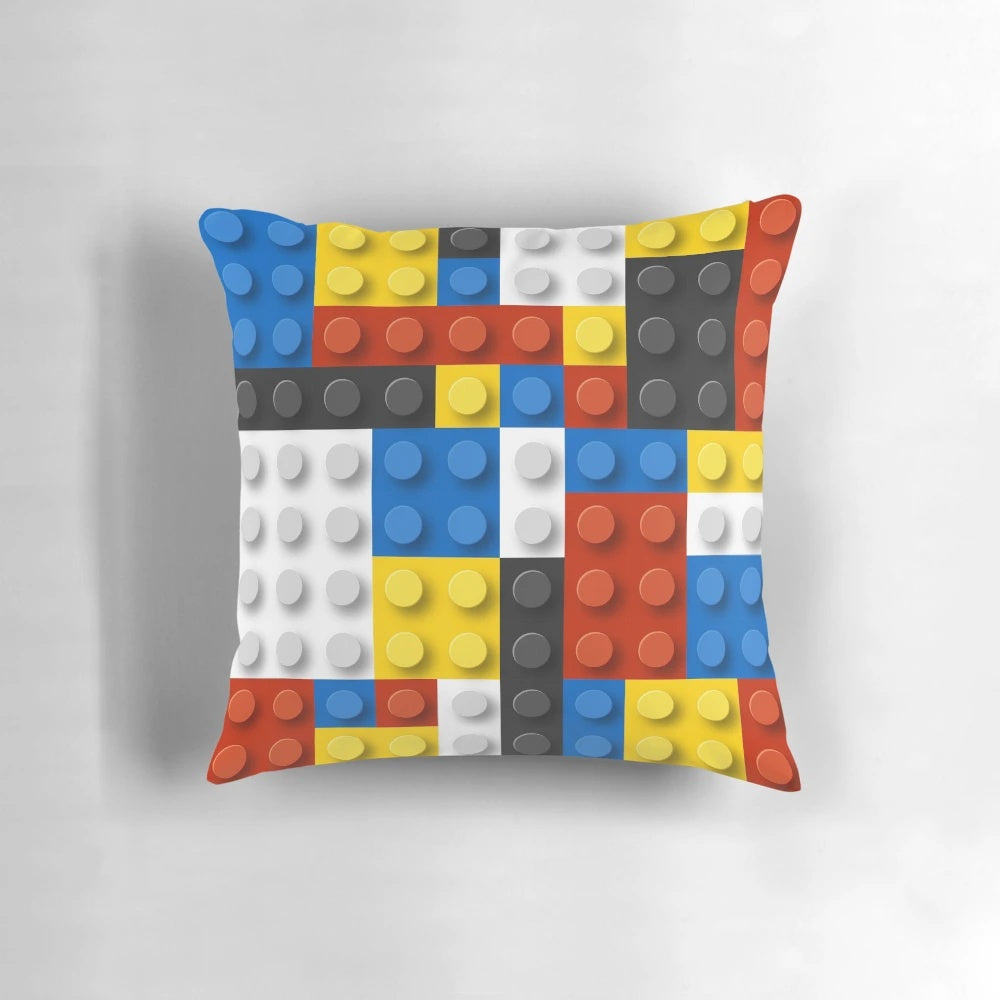 Colorful Mondrian-inspired geometric throw pillow with bold red, blue, and yellow blocks