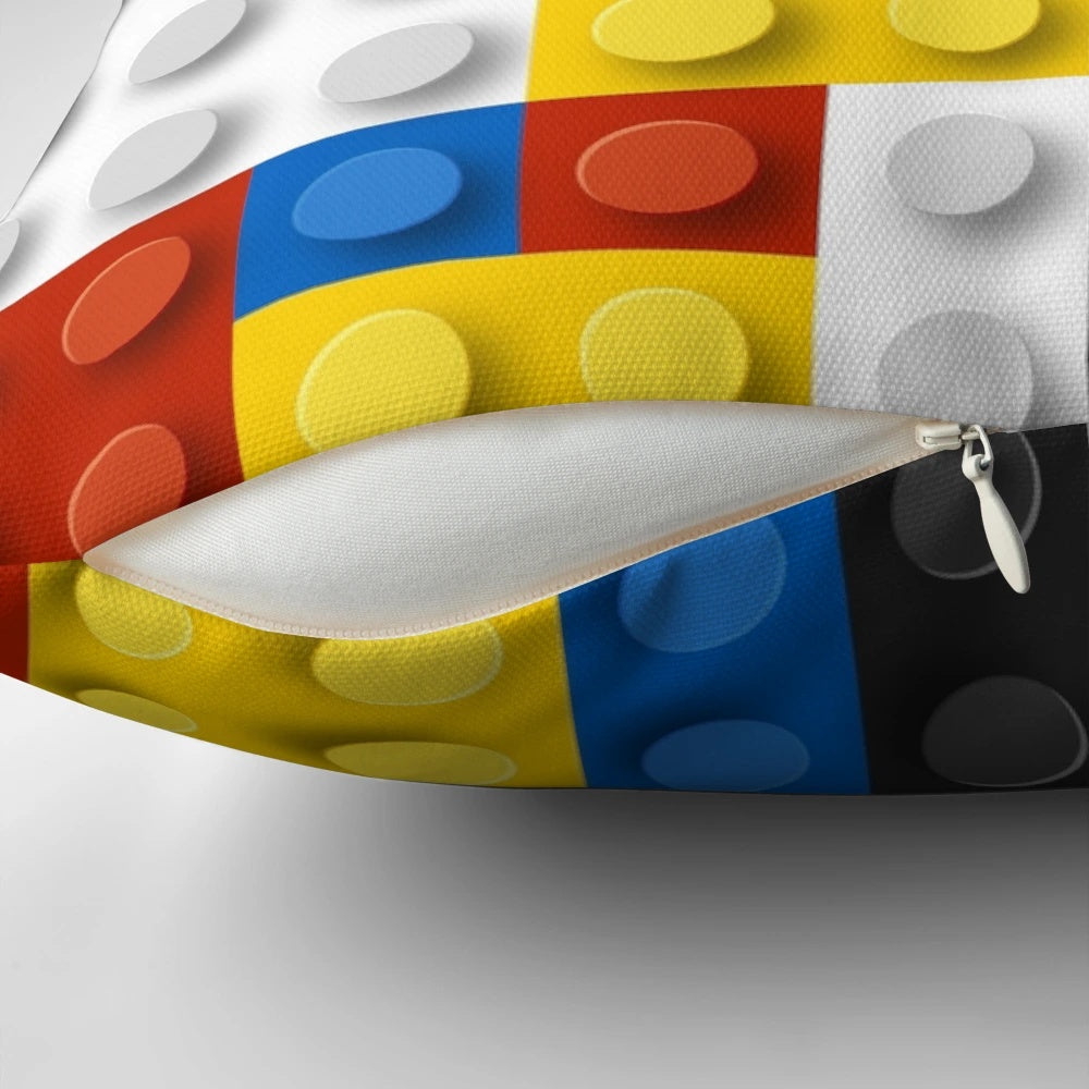 Colorful Mondrian-inspired geometric throw pillow with bold red, blue, and yellow blocks
