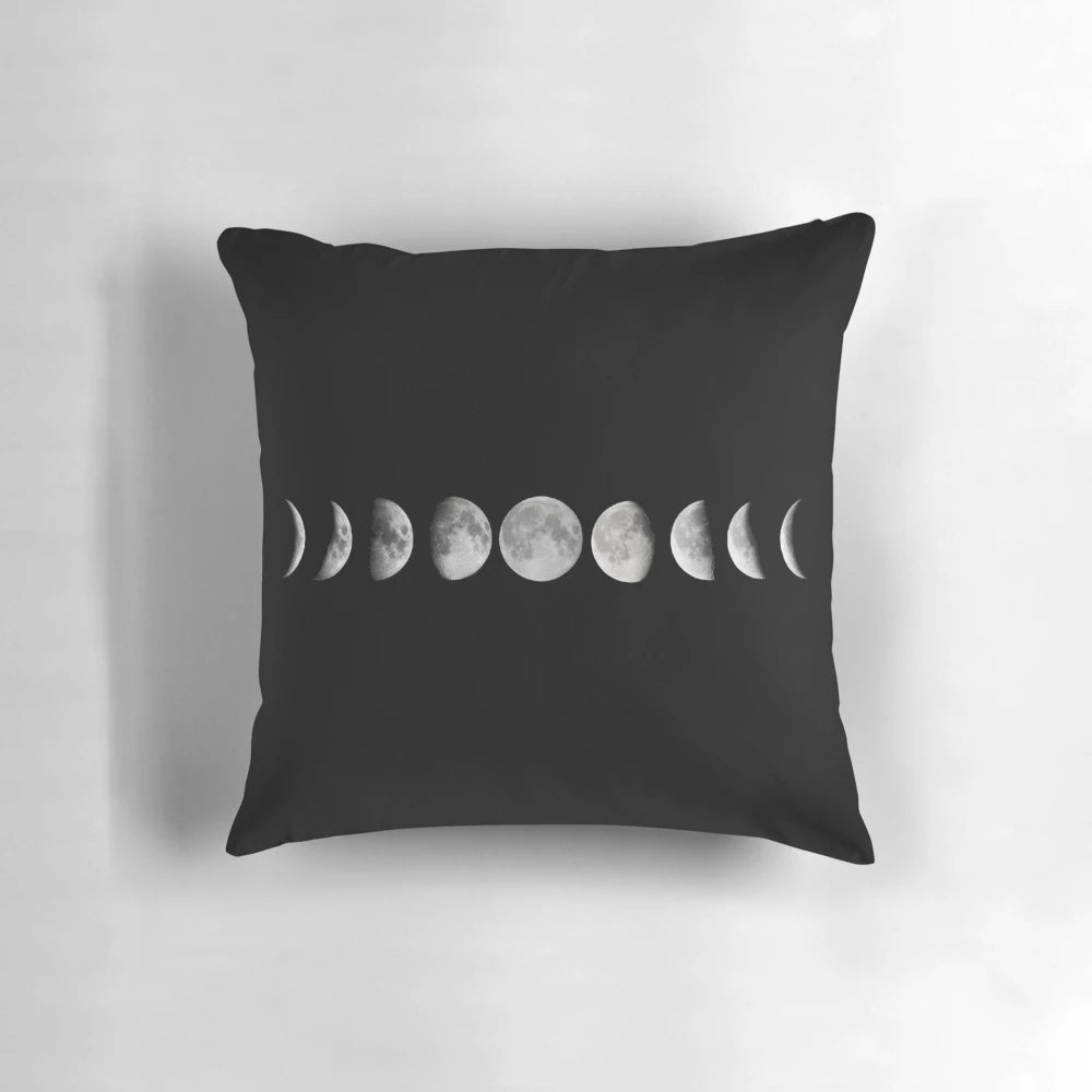 Colorful moon phases decorative pillow featuring a vibrant display of lunar cycles
