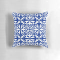 Decorative pillow featuring a digitally designed Moroccan-style cobalt blue tile pattern
