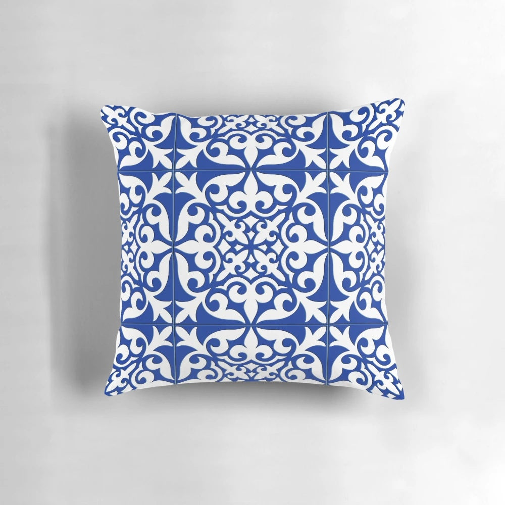 Decorative pillow featuring a digitally designed Moroccan-style cobalt blue tile pattern