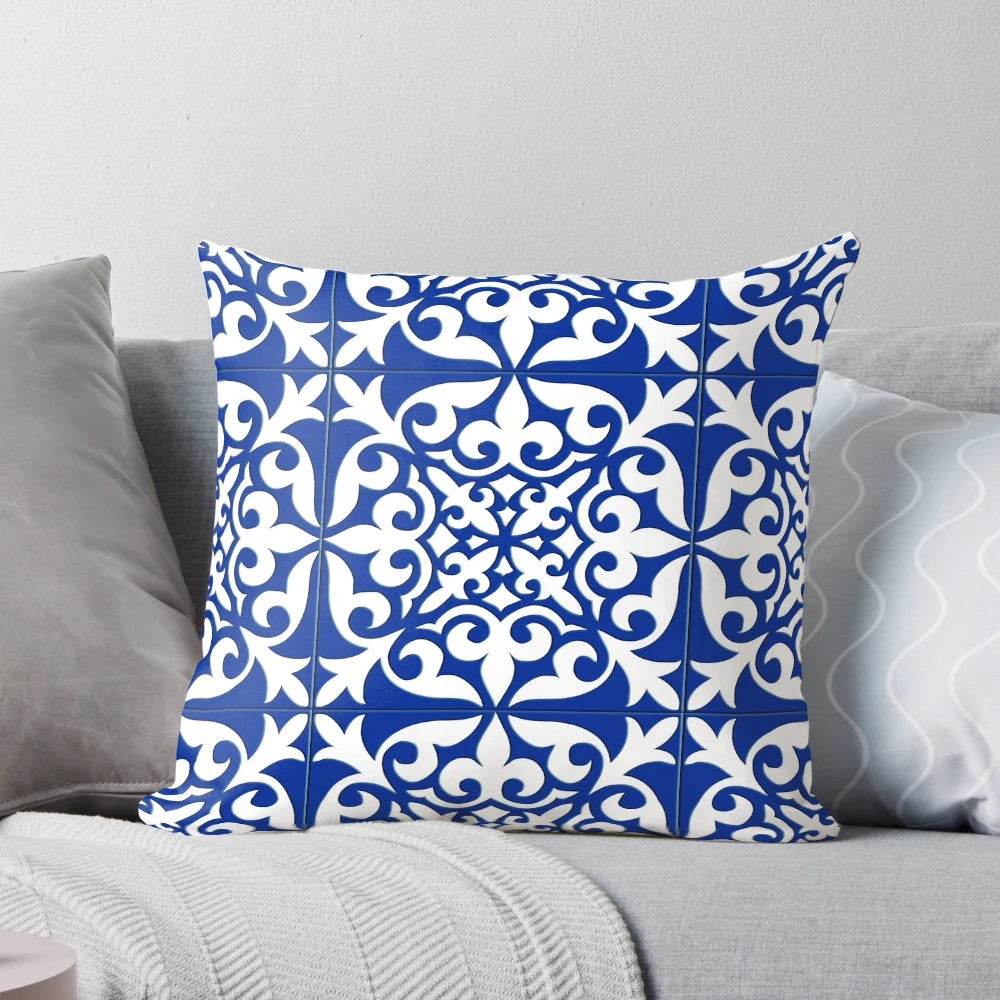 Decorative pillow featuring a digitally designed Moroccan-style cobalt blue tile pattern