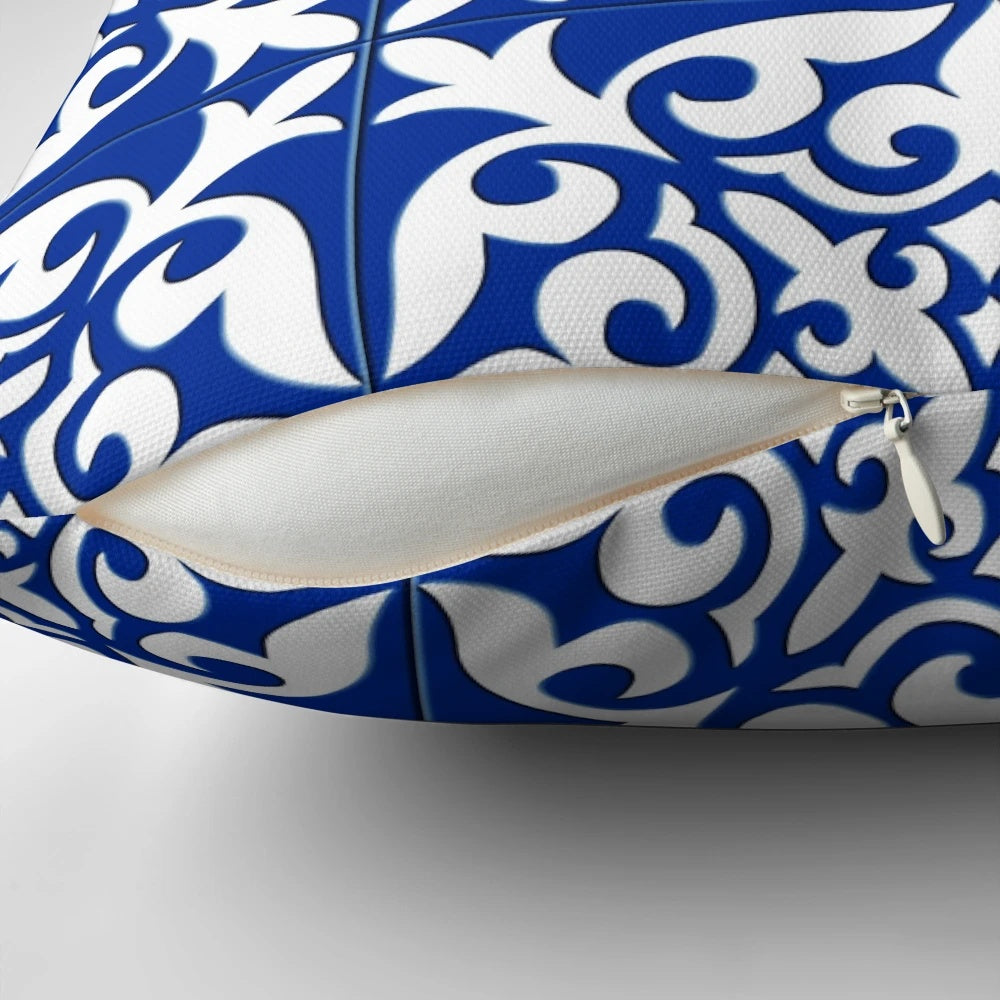 Decorative pillow featuring a digitally designed Moroccan-style cobalt blue tile pattern