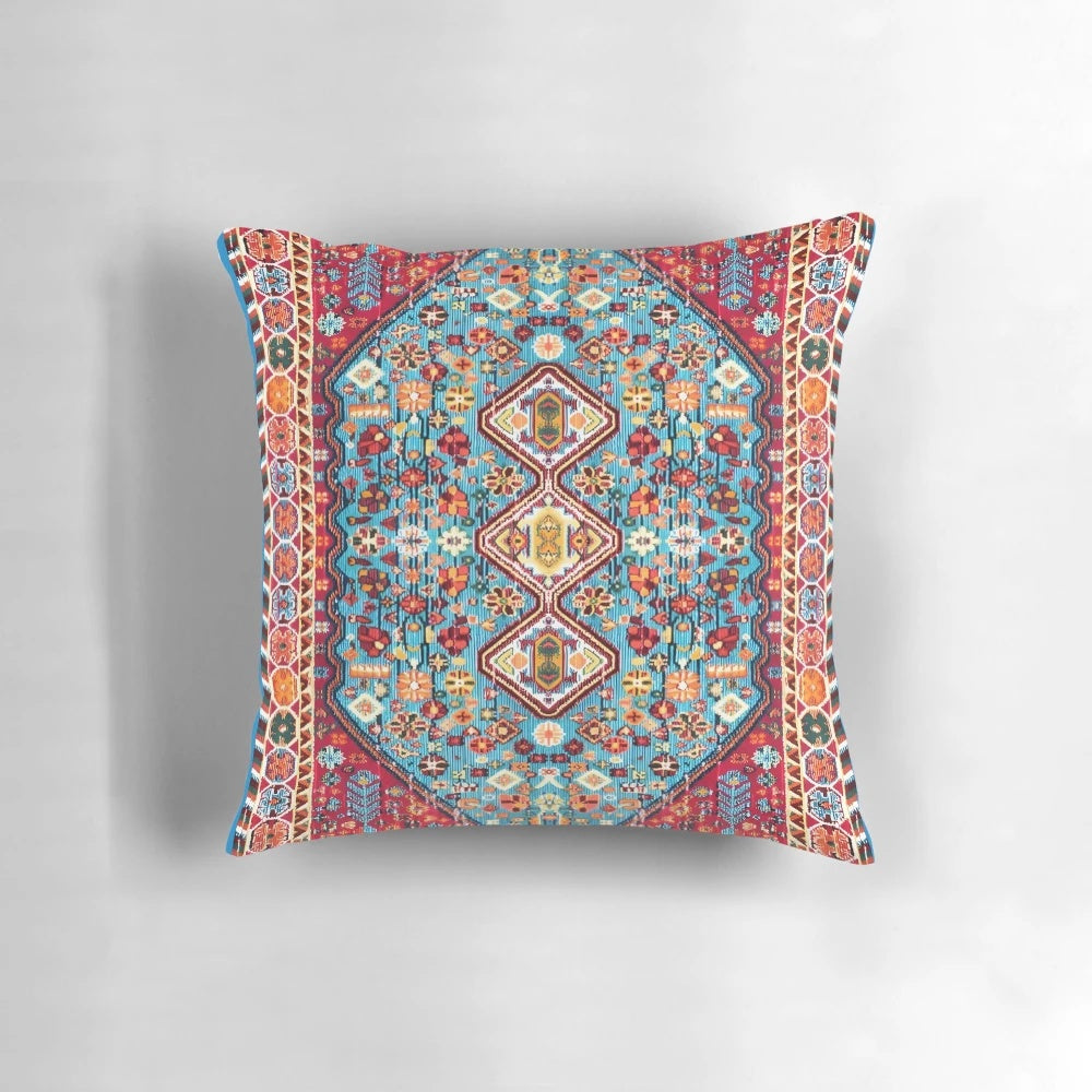 Colorful bohemian-style pillow with intricate Moroccan-inspired patterns and textures