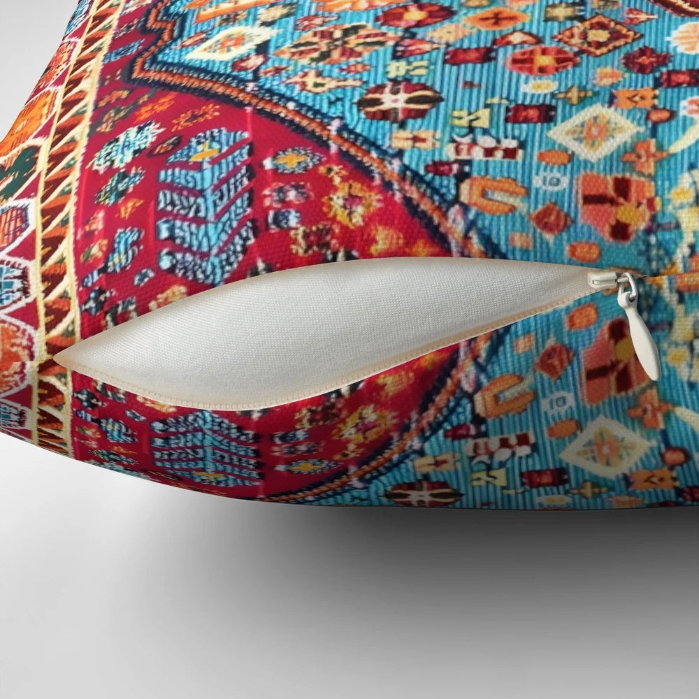 Colorful bohemian-style pillow with intricate Moroccan-inspired patterns and textures