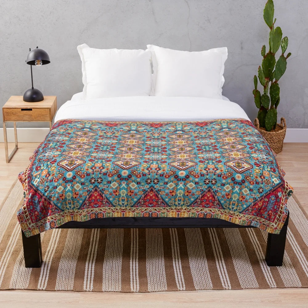 Colorful, Moroccan-style plush blanket with traditional patterns