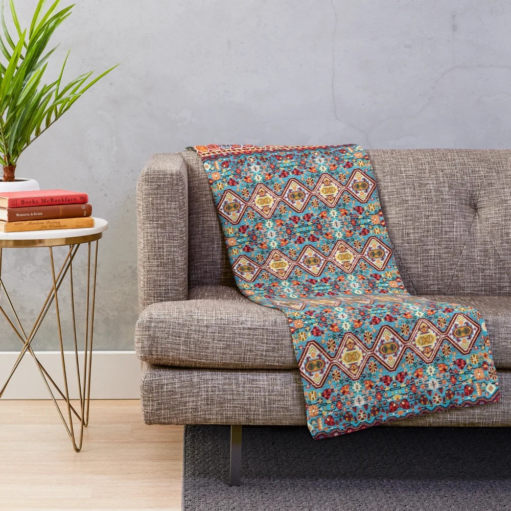 Colorful, Moroccan-style plush blanket with traditional patterns