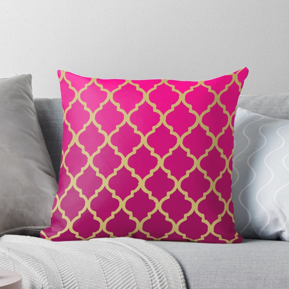 Decorative throw pillow featuring a beautiful Moroccan pattern in shades of pink and gold.