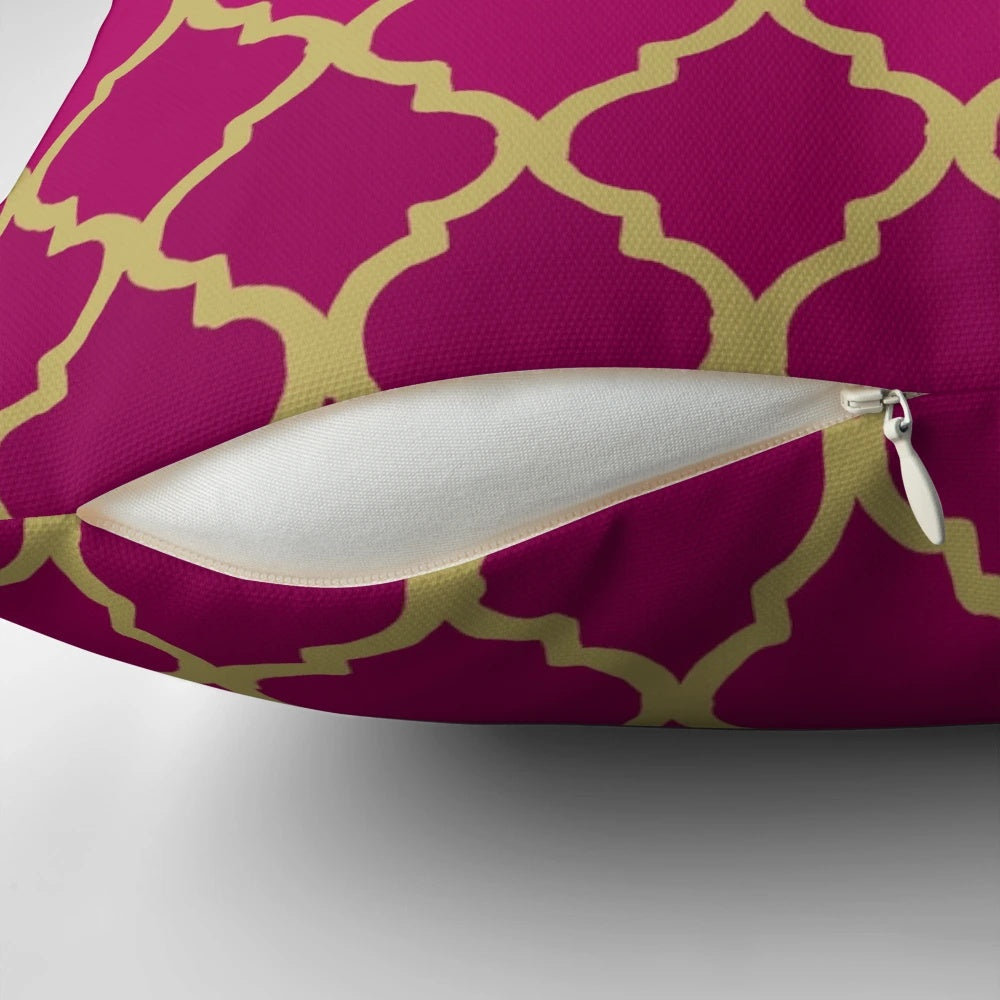 Decorative throw pillow featuring a beautiful Moroccan pattern in shades of pink and gold.