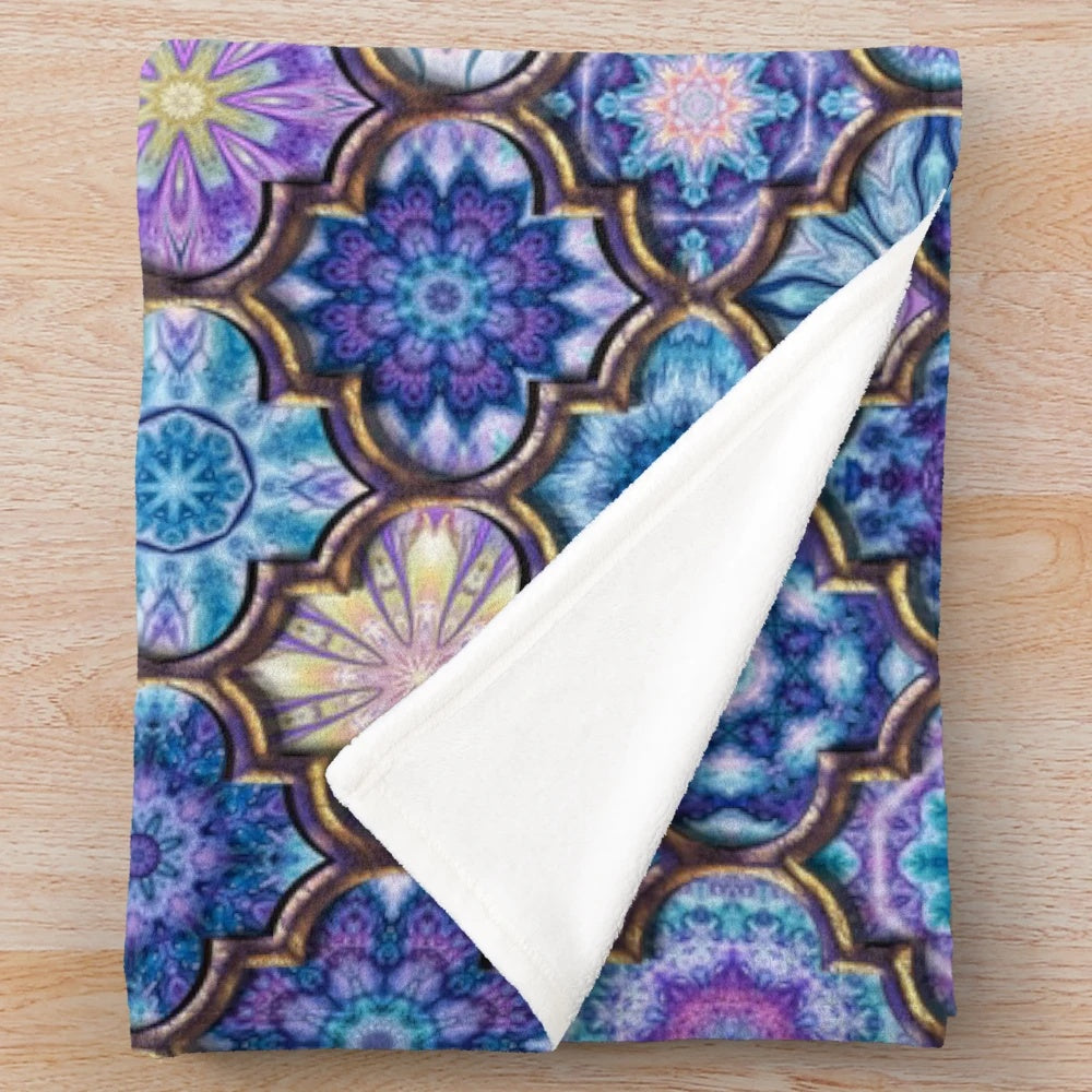 Moroccan tile pattern plush blanket in blue and purple colors