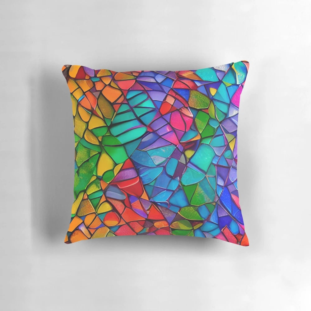 Colorful mosaic-patterned pillow featuring a vibrant and artistic design