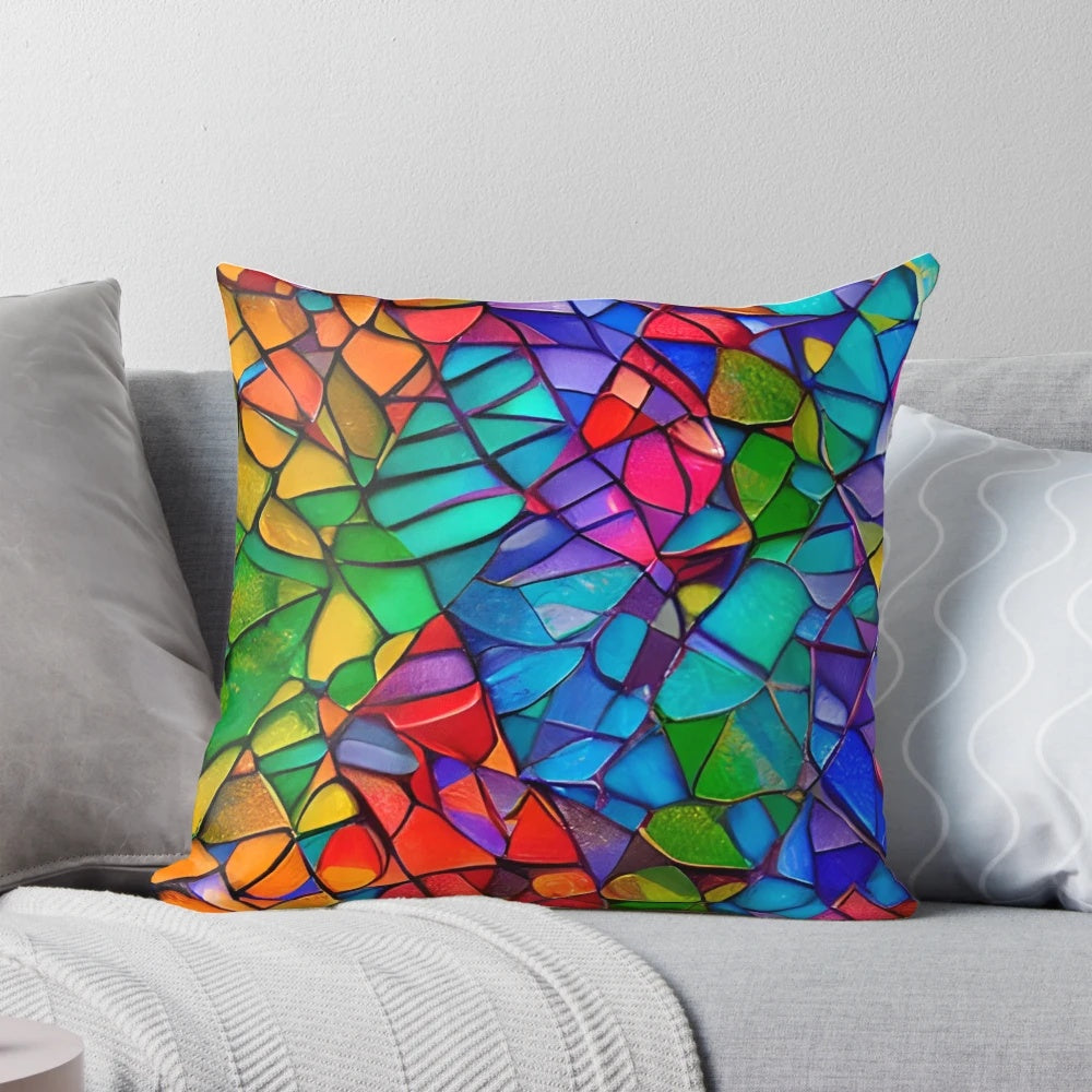 Colorful mosaic-patterned pillow featuring a vibrant and artistic design