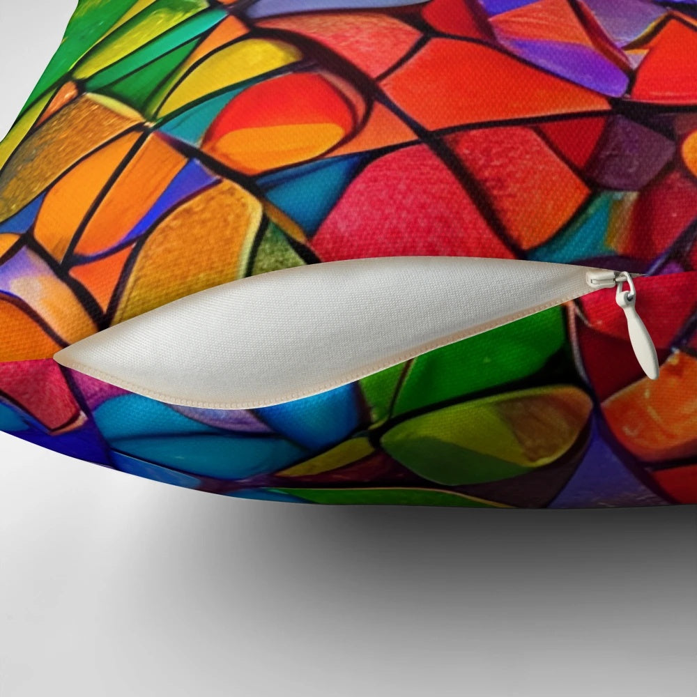 Colorful mosaic-patterned pillow featuring a vibrant and artistic design