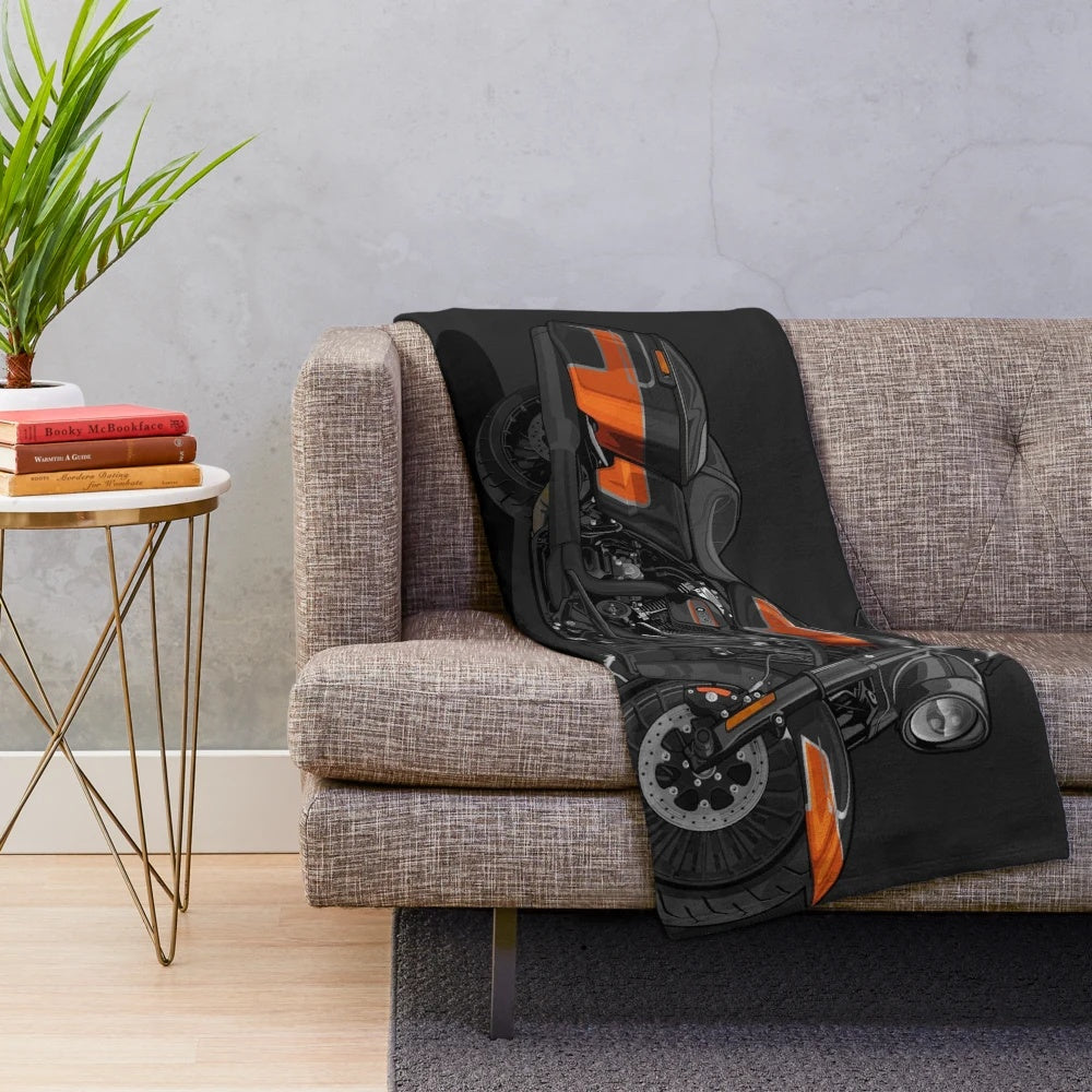 Harley Davidson inspired plush blanket with vibrant motorcycle artwork