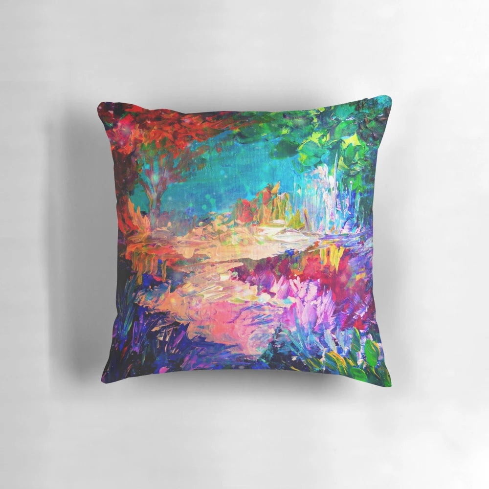 Vibrant multicolor abstract painting of a whimsical fantasy forest landscape with bold colors and a dreamlike quality.