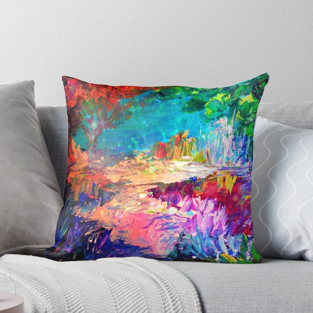 Vibrant multicolor abstract painting of a whimsical fantasy forest landscape with bold colors and a dreamlike quality.